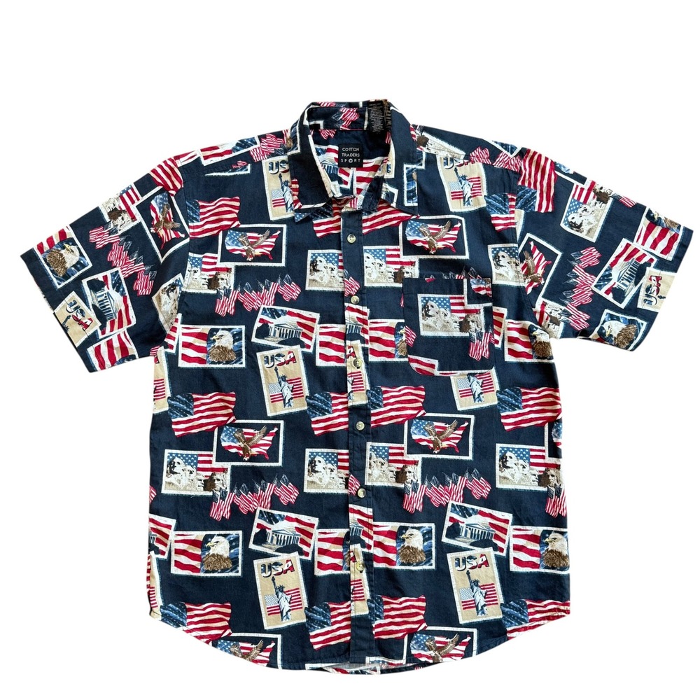 Cotton Traders Sport Mens Large Patriotic USA‎ Flag Eagle Stamp Shirt Navy Blue